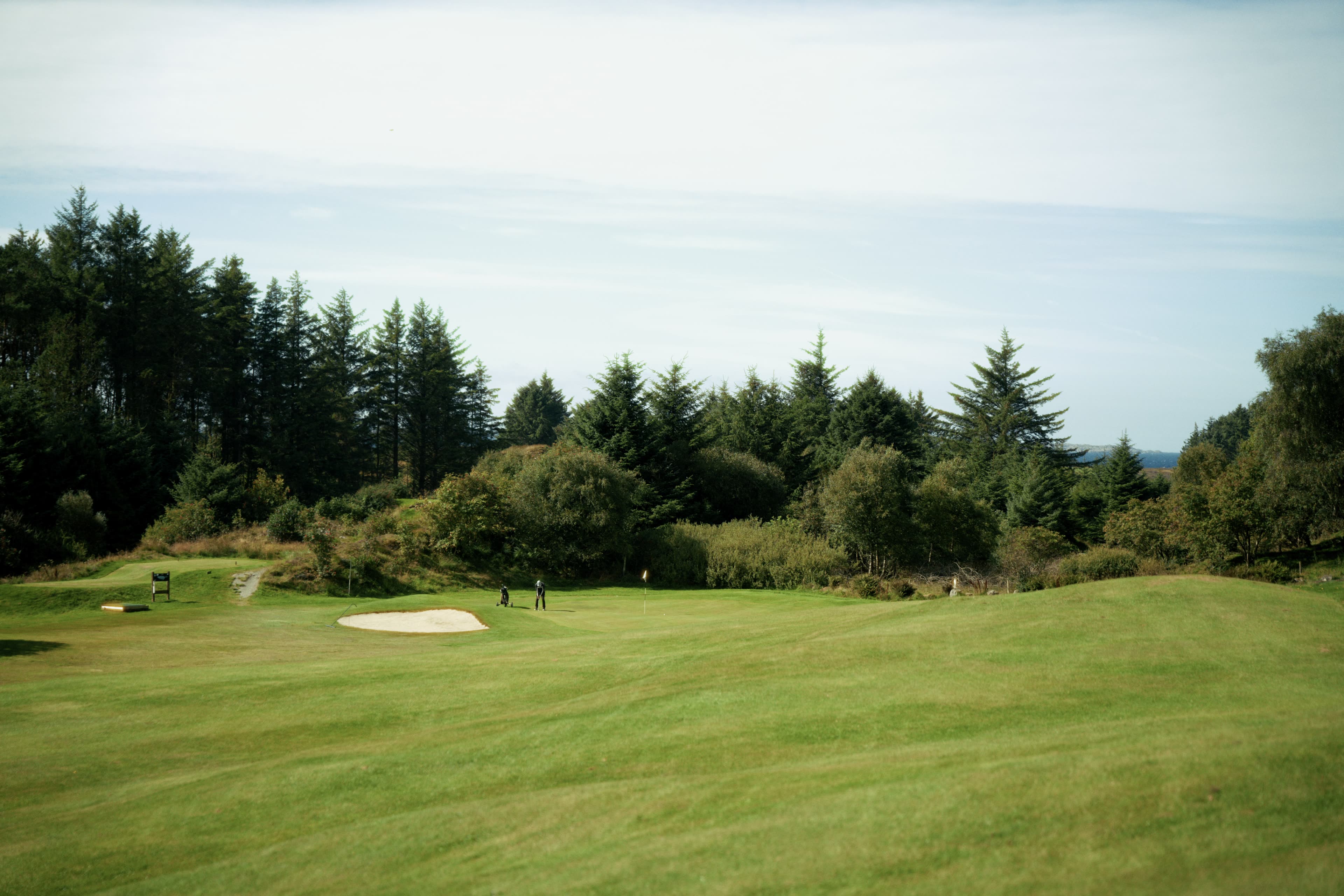To spillere på greenen, omkranset av fairway og granskog